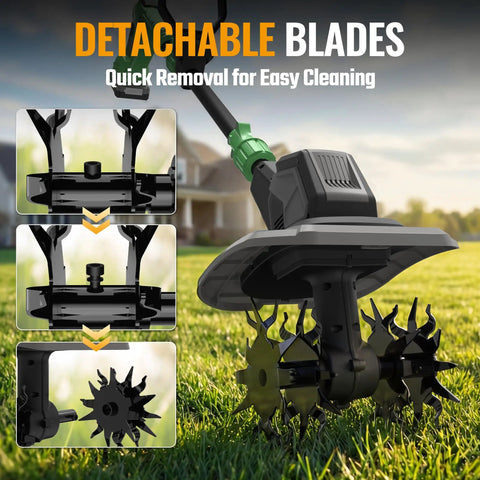 20V Cordless Garden Tiller Cultivator With 4 By 12 Steel Tines showing detachable blades for easy cleaning on lawn