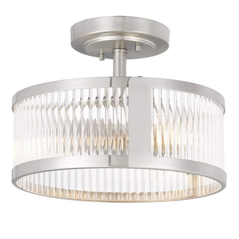 Two Light Brushed Nickel Semi Flush Ceiling Light With Clear Ribbed Glass Mid Century Vintage Round Fixture 11.8 Inch Diameter