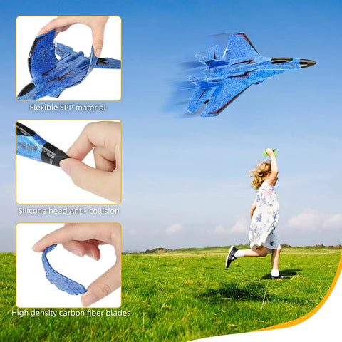 Child launching Remote Control Airplane Toy For Outdoors 2CH 2.4Ghz RC Plane With Lights, showing flexible foam material.