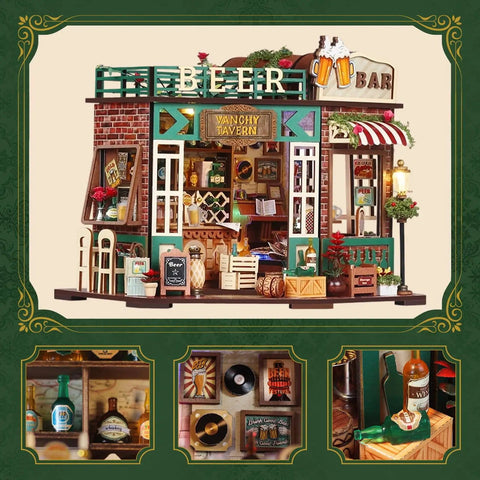 DIY Mini Beer Shop House Kit For Adults 3D Wooden Puzzle Tiny Home With Furnished Interior Book Shelf Decor Craft Project