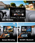 10 Inch QLED Car Stereo displaying AM/FM radio, screen mirroring, and 5G WiFi Bluetooth features in a car dashboard