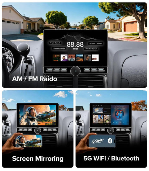 10 Inch QLED Car Stereo displaying AM/FM radio, screen mirroring, and 5G WiFi Bluetooth features in a car dashboard