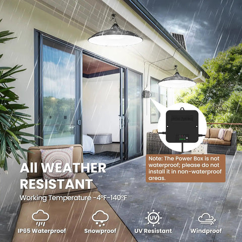 Solar Shed Light With Dual Lamps, 2000LM Outdoor Indoor Pendant Lighting, mounted outside, showing weather-resistant features.