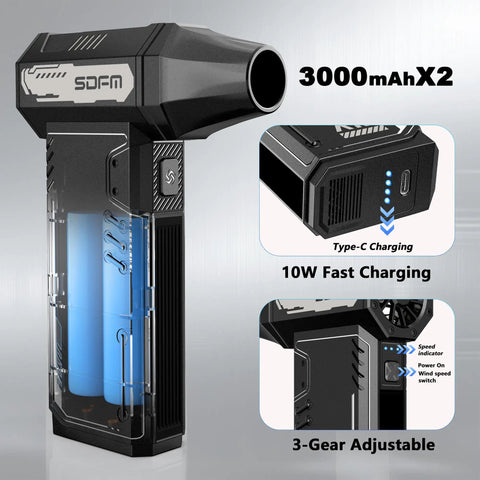Cordless Air Duster Turbo Power 180,000 RPM With Brushless Motor, 3 Gear Adjustable Speed And Nozzle Kit, focus on battery