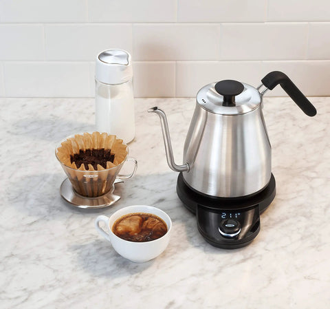 Gooseneck Electric Kettle For Pour Over Coffee And Tea With Dialed In Temperature In One Degree Increments From 104 To 212 Fahrenheit And 40 To 100 Celsius Built In Brew Timer Stainless Steel 1 Liter on kitchen counter with coffee brewing setup