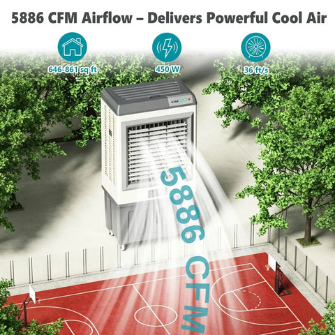 Killer 5886 CFM Evaporative Air Cooler With 26 Gallon Tank And 120 Degree Oscillating Vents delivers cool air to outdoor basketball court.