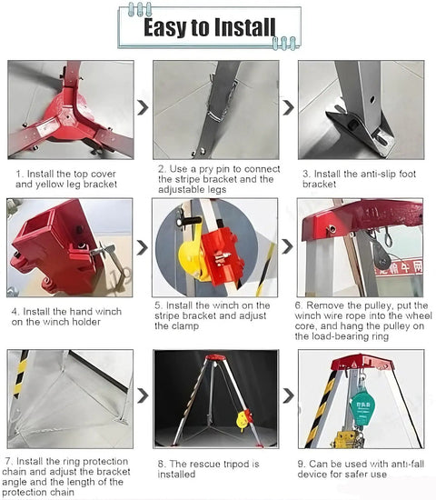 Confined Space Rescue Tripod Kit With 30m Cable assembly steps, showing parts like top cover, winch, and anti-slip foot bracket