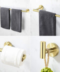 Brushed Gold Stainless Steel Bathroom Hardware Set with toilet paper holder, towel bar, hand towel rail, and robe hook, SUS 304.