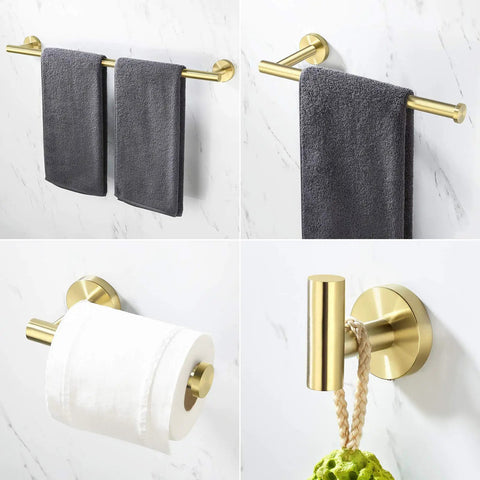 Brushed Gold Stainless Steel Bathroom Hardware Set with toilet paper holder, towel bar, hand towel rail, and robe hook, SUS 304.