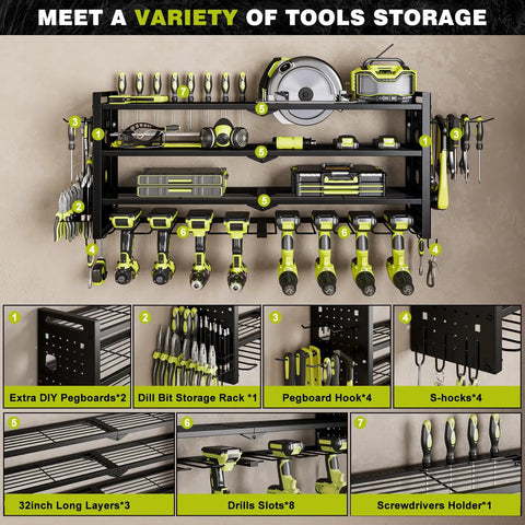 Power Tool Organizer Wall Mount With Four Layers And Eight Drill Holders Heavy Duty Cordless Drill Organizer For Your Garage