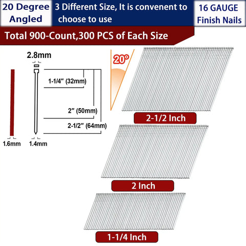 Pro Grade 16 Gauge 20 Degree Finish Nails 900 Piece Assortment Kit Chisel Point Coil Nails showing three sizes: 1-1/4, 2, 2-1/2 inches.