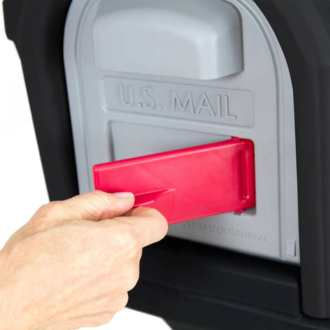 Hand pulling out red flag on Top Grade Classic Black Plastic Residential Mailbox With Standalone Yard Post Mount Combo Kit.