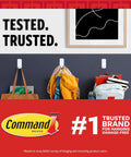 Command Brand hooks with bags and coats emphasize tested trusted performance, featuring #1 ranking for 15 Lb Large Picture Hanging Strips.