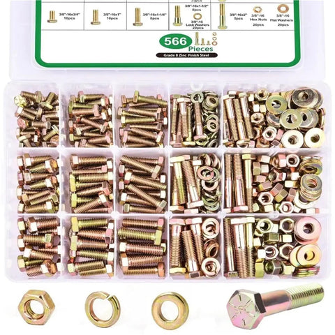 Heavy Duty Hex Bolt Kit With 772 Pieces SAE Coarse Thread Alloy Steel Nuts And Washers Gold Finish For Auto Repairs Machinery And DIY Projects In A Durable Storage Case, 566-piece kit