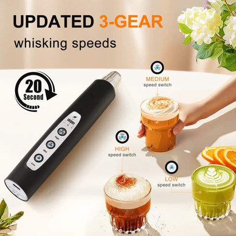 Rechargeable USB Milk Frother Wand With Three Heads And Three Speeds For Lattes Cappuccinos Hot Chocolate And Egg Mixing