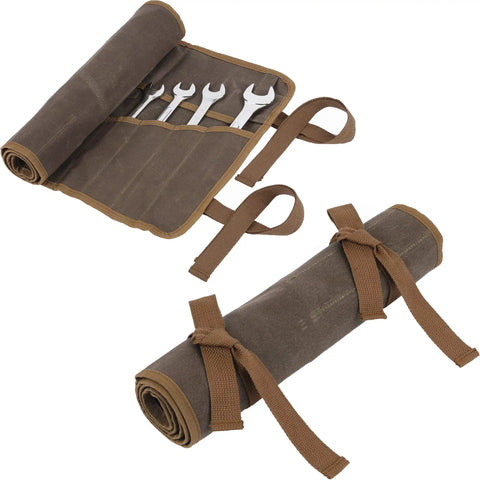 Heavy Duty Waxed Canvas Tool Roll Bag With 24 Pockets Roll Up Pouch For Wrenches And Tools Waterproof 16oz Canvas Durable Organizer With Easy Carry Straps 33.5 Inch Long 13.5 Inch High open and closed view