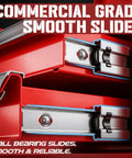 Close-up of a red Mini Toolbox With Two Drawers And Top Storage In Durable Steel Smooth Glide Ball Bearing Slides Portable Tool Box Organizer.