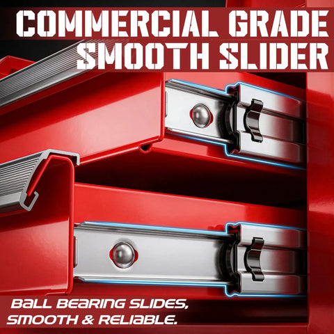 Close-up of a red Mini Toolbox With Two Drawers And Top Storage In Durable Steel Smooth Glide Ball Bearing Slides Portable Tool Box Organizer.