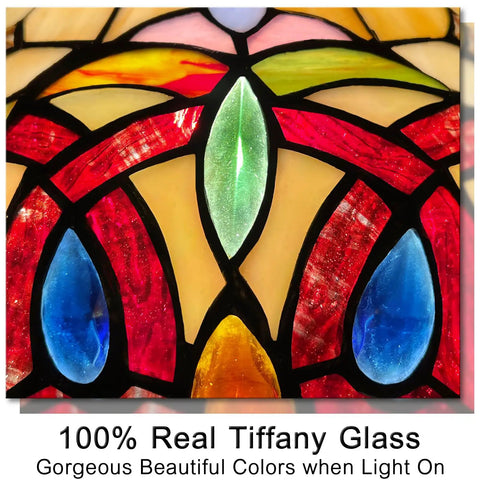 Close-up of Tiffany Style Stained Glass Pendant Light, intricate cream brown Victorian pattern with vibrant colors.