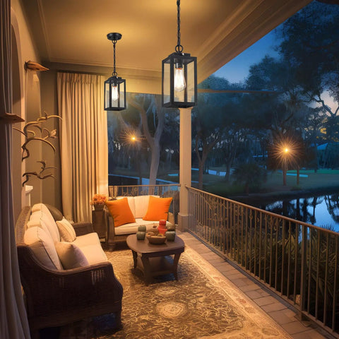 Top Shelf Build And 11 Inch Black Outdoor Pendant Light Comes Loaded With Smart Dusk To Dawn Sensor serving as stylish porch lighting.