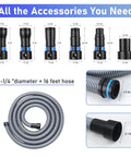 16 Foot Dust Collection Hose Kit With Six Universal Adapters From Quarter Inch To One And A Half Inch For Woodworking And Shop Vacuums Heavy Duty Flexible Vacuum Hose Fits Most Brands For Sander Tools, displayed with hose and adapters.