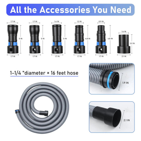 16 Foot Dust Collection Hose Kit With Six Universal Adapters From Quarter Inch To One And A Half Inch For Woodworking And Shop Vacuums Heavy Duty Flexible Vacuum Hose Fits Most Brands For Sander Tools, displayed with hose and adapters.