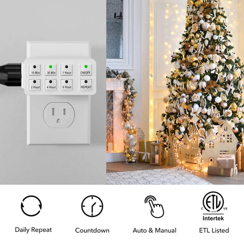 Slick Indoor Countdown Timer 2 Pack With Repeat Function 3 Prong Plug on an outlet, featuring control buttons and a festive background.