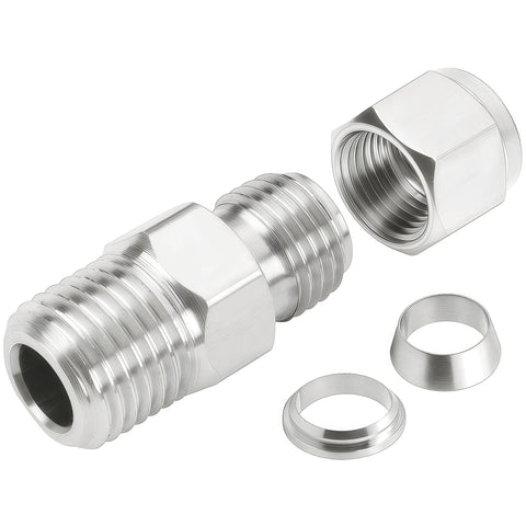 Closmos 304 stainless steel compression fitting: 3/8 in tube OD to 1/4 in NPT male adapter, pack of 2 with ferrules
