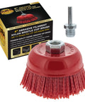 Drill Ready Four Inch Coarse Abrasive Nylon Bristle Cup Brush With Five Eighths Inch Eleven Thread And One Quarter Inch Hex Shank Arbor For Angle Grinders