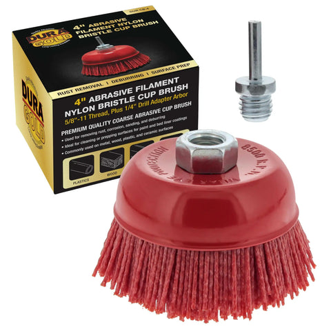 Drill Ready Four Inch Coarse Abrasive Nylon Bristle Cup Brush With Five Eighths Inch Eleven Thread And One Quarter Inch Hex Shank Arbor For Angle Grinders