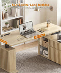 Workhorse L Shaped Standing Desk With Drawers And Cabinet Electric Height Adjustable Corner Desk, natural finish, top view