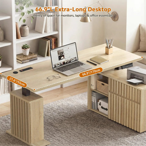 Workhorse L Shaped Standing Desk With Drawers And Cabinet Electric Height Adjustable Corner Desk, natural finish, top view