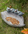 Outdoor Bird Feeder And Bath Bowl With Leaf Design In Polyresin Hand Painted Blue Family Of Birds Garden Decor That Pops