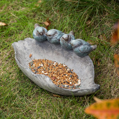 Outdoor Bird Feeder And Bath Bowl With Leaf Design In Polyresin Hand Painted Blue Family Of Birds Garden Decor That Pops