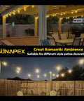 96Ft Solar String Lights Outdoor Waterproof with Shatterproof Edison Bulbs for Patio Camping Backyard illuminated on a deck at night