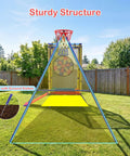6 In 1 Backyard Swing Set With Trampoline, Slide, Saucer Swing, Belt Swing, Dartboard, And Basketball Hoop, fixed structure