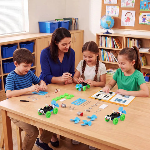 16 Pack Wind Powered Stem Craft Kits For Kids That Make Science Fun With Hands On DIY Vehicle Building Toys Bulk Robotics And Electronic Projects For Group Activities Educational Stem Learning Bundle, classroom table with kids assembling wind cars