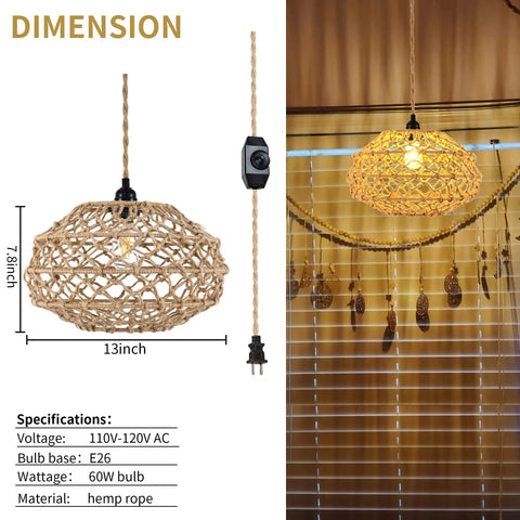 Boho Macrame Pendant Light With Plug In Cord And Dimmer Switch Dark Linen Hemp Rope Lampshade 13inch hanging fixture