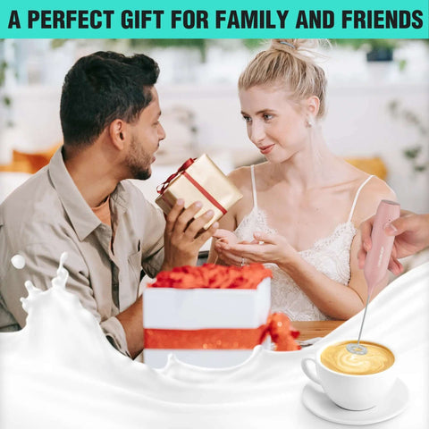 People exchanging gifts with a Powerful Rechargeable Milk Frother Wand With Stand, Handheld Electric Foam Maker, and cappuccino illustration.