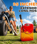 Heavy Duty Battery Powered Fuel Transfer Pump Delivers 2.4 GPM Smooth Flow For Gasoline And Diesel Zero Cord Hassles in use with 35 inch hose