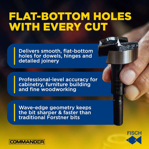 Badass Heavy Duty Forstner Drill Bit Rock Solid High Speed Steel Woodworking Tool held in hand showing flat-bottom cutting edge.