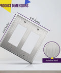Heavy Duty Stainless Steel 2-Gang Wall Plate 4.50 By 4.57 Inches Decorator Style, showing dimensions and material