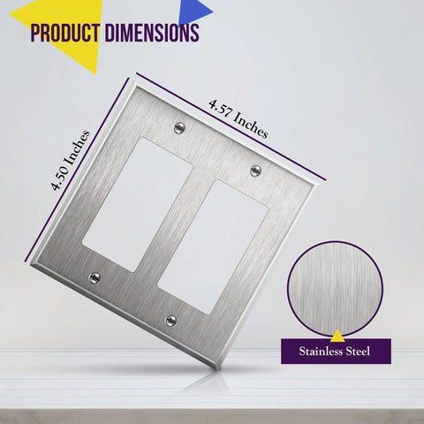 Heavy Duty Stainless Steel 2-Gang Wall Plate 4.50 By 4.57 Inches Decorator Style, showing dimensions and material
