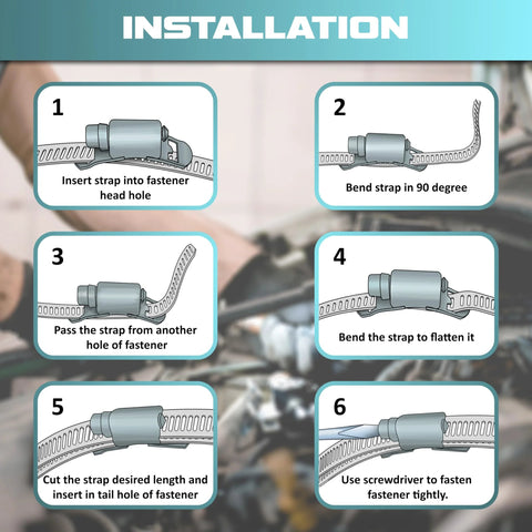 Installation steps for cut-to-fit stainless steel hose clamps showing how to secure hoses with adjustable worm gear fasteners.