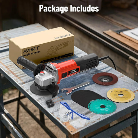 Angled front view of Avhrit 4-1/2 in angle grinder, 1200W/10A, 13000 RPM, with guard and accessories.