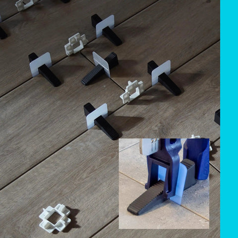 Tile Leveling System Clips And Wedges 2 Mm Black 500 Piece Set used on wooden floor tiles for ultra flat finish