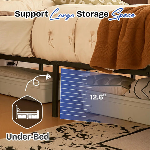 Modern Queen Platform Bed Frame Featuring Smart Rgb Led Lights And Usb Charging Station, heavy duty steel slat support with 12.6 inch under-bed storage.