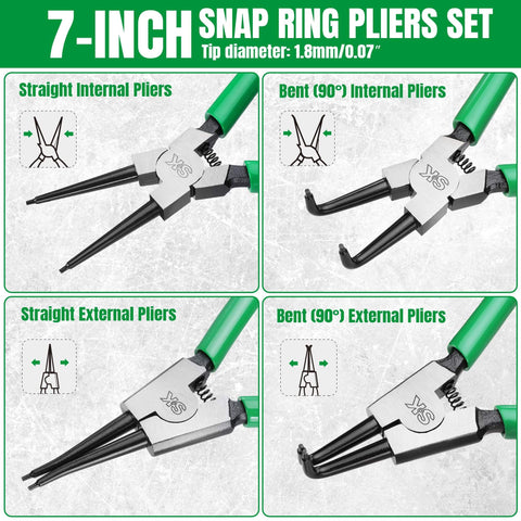 4-Piece 7 Inch Snap Ring Pliers Set Internal And External Circlip Pliers With Straight And Bent Jaws 0.07 Inch Tip