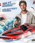 Epic 16 Inch Brushless RC Boat With 55 KPH Speed, Remote Control Fast Boat For Adults And Kids, 2000mAh Battery, Waterproof Hull, Long-Range Remote, Lakes Or Ponds, HJ818PRO Red displayed with remote controller and lake background.