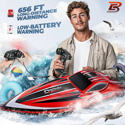 Epic 16 Inch Brushless RC Boat With 55 KPH Speed, Remote Control Fast Boat For Adults And Kids, 2000mAh Battery, Waterproof Hull, Long-Range Remote, Lakes Or Ponds, HJ818PRO Red displayed with remote controller and lake background.